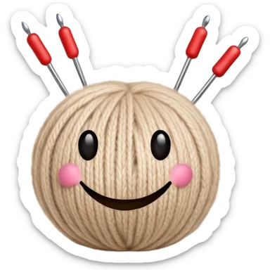 ball of beige mohair wool with knitting needles, needles are shaped like iOS smiley faces sticker