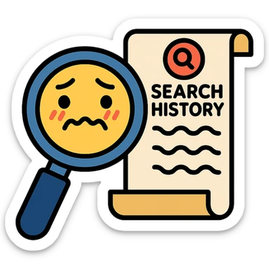 humorous icon of a magnifying glass looking at a long, embarrassing search history list sticker