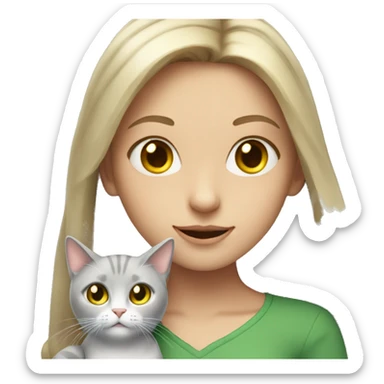 A girl with long blond hair and green eyes holds a gray cat with yellow eyes in her arms sticker