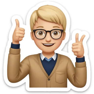 un estudiante que este parado con sus lentes guiñando el ojo y CON LAS MANOS HACIA ARRIBA DANDO LIKE sticker