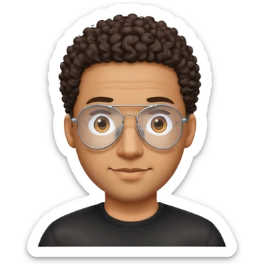 Latino man with oval face, clear lens aviator glasses with metal frames, bald sides with curly hair on top, friendly expression, brown skin, black shirt sticker