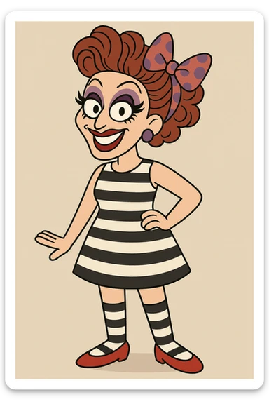 Bianca Del Rio red and purple spots hair ribbon colour dress black and white stripes socks red shoes  sticker