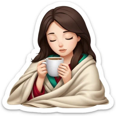 girl inside a blanket sipping coffee eyes closed, brunette with fair skin sticker