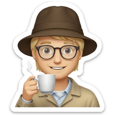 glasses long hair blonde man drink coffe with hat  sticker