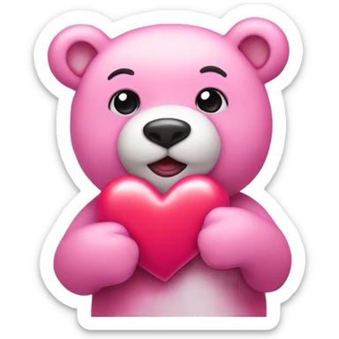 Pink Bear holding a heart sticker