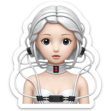 Plastic doll tightly bound with tangled AUX cables. sticker
