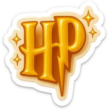 Create a logo based on the provided reference image in yellow color. Add magical elements like stars to create a magical atmosphere inspired by Harry Potter. Include expressive shadows and highlights, without any outline, in a retro sticker style. sticker