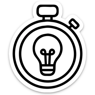 minimalist vector icon of a classic stopwatch with circular thick rim, crown at 12 o'clock, start/stop button on side, with a classic incandescent lightbulb inside the face, bulb slightly stylized to fit the round shape, clean modern vector art, single dark gray color, no gradients or shadows, bold clear outlines, lightbulb is the focal point sticker