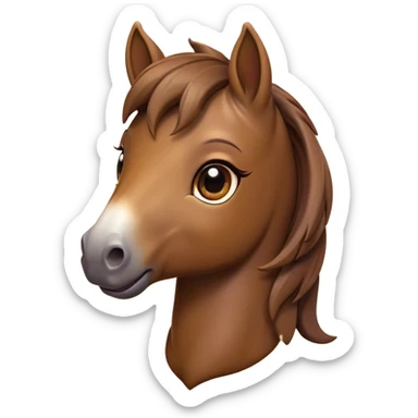Cinematic Cute Brown Welsh Pony Portrait Emoji, Head tilted playfully and inquisitively, featuring a compact, charming form with a glossy, deep brown color, round, sparkling eyes full of gentle mischief, and a sweet, soft muzzle, Simplified yet irresistibly adorable features, highly detailed, glowing with a warm, inviting glow, high shine, affectionate and lively, stylized with a touch of rustic whimsy, soft glowing outline, capturing the essence of a mischievous yet endearing brown Welsh pony that seems as if it could prance out of the screen into your arms! sticker
