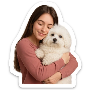brunette girl with long hair hugging a fluffy Maltese dog sticker