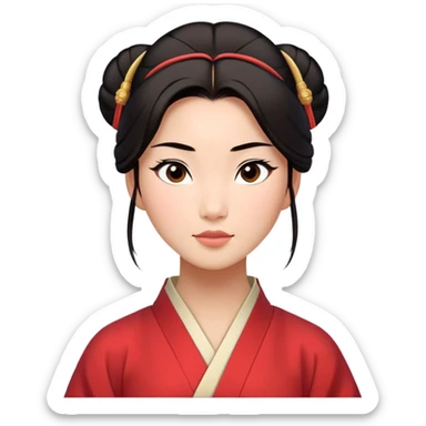 Cinematic Timeless Mulan Portrait Emoji, rendered in a clean vector style. Depict Mulan with warm, light-toned skin, neatly styled dark hair in a traditional bun, and a serene, confident expression, dressed in a simple traditional robe with minimal decoration. The image is highlighted by a soft, inviting glow and a subtle glowing outline, capturing enduring beauty and quiet strength. sticker