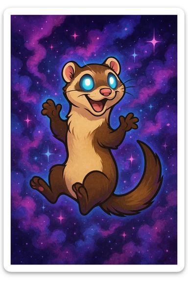 void ferret, cartoon style, playful pose, surrounded by purple and blue nebula clouds, sparkles, glowing eyes sticker
