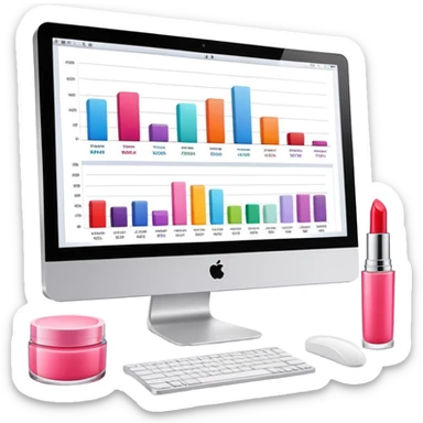 iMac computer with bar charts and beauty products like lipstick, nail polish, cream jars on the screen sticker