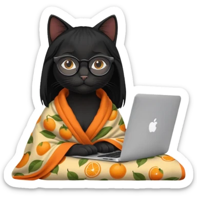 A black female cat working on a MacBook, with long, black straight hair, with round frames and thin glasses, and she wears a blanket with an orange fruit pattern sticker