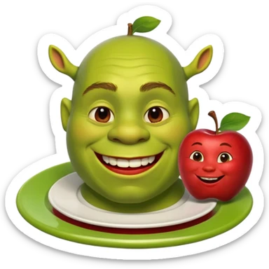 shrek on a plate with an apple in his mouth sticker