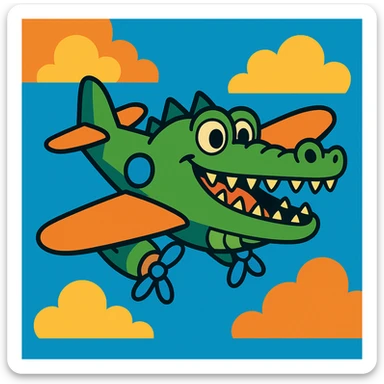 a crocodile shaped like a bomber plane, playful, creative cartoon sticker