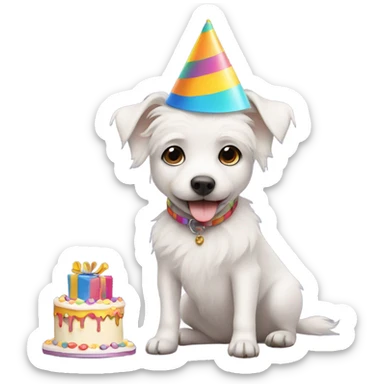 White male small dog wearing birthday hat with a cake  sticker