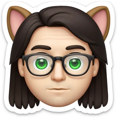 young male emoji with wide face, fuller lips, very poofy voluminous dark straight hair (not curly), big ears, pale skin, glasses, green eyes set wider apart, very light stubble sticker