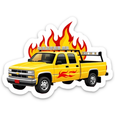1997 yellow Chevy C-2500 Crew Cab with red flame design only painted on the front bumper, movie-accurate Kill Bill truck detail, 30-degree view, iOS emoji style sticker