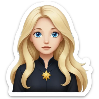 Блондинка с длинными волосами и голубыми глазами женщина умная в черном наряде вокруг нее много звезд она астролог смотрит наверх sticker