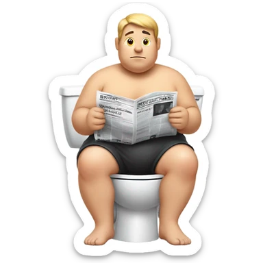 fat guy sitting on toilet reading newspaper no shirt front view sticker