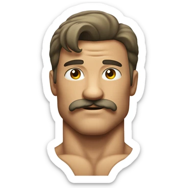 a flexing muscular man with a mustache and a mullet sticker