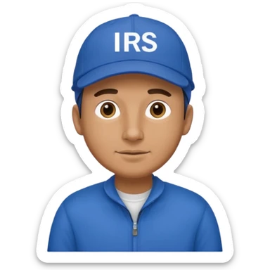 a man dressed in blue with a cap on that says IRS sticker