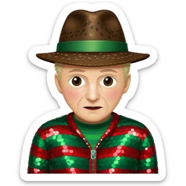 Freddy Krueger with red and green stripe sequin sweater, dark brown sequin jacket and hat sticker