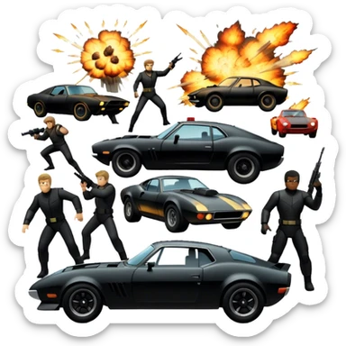 Photorealistic Icon for Action Movies: Dynamic collage of iconic action movie scenes featuring explosions, fast cars, combat, and weapons. Include silhouettes of famous action heroes, dramatic lighting, and a sense of high-octane energy. Transparent background. sticker