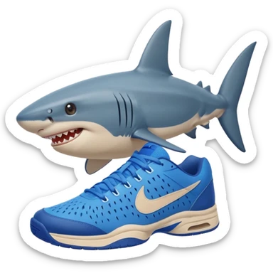shark smiling on a beach, blue Nike tennis shoes visible sticker