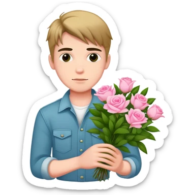 A cool bad boy with fair skin holding a bouquet of pink jasmine roses sticker