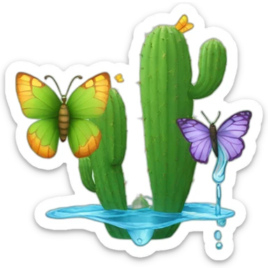 a cactus and a butterfly that love each other being watered by water sticker