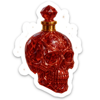 crystal luxurious skull-shaped elixir bottle, red, very small golden collar, lots of shine, edges, ornaments, golden details, magical effects, transparent background, clearly hanging in the air, no base or shadow, premium class, matching the collection sticker