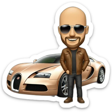 bald man wearing shades and has trimmed beard with normal colored skin standing next to a copper bugatti sticker