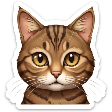 Cinematic Grumpy Brown Tabby Cat Portrait Emoji, Head tilted slightly with a deeply unimpressed expression, thick brown fur with dark, pronounced tabby stripes and a furrowed brow, large eyes narrowed into an unamused glare, whiskers slightly drooping in exasperation, Simplified yet comically expressive features, highly detailed, glowing with a dry, sarcastic glow, high shine, effortlessly judgmental yet dignified, stylized with a touch of cynicism, bright but brooding, soft glowing outline, capturing the essence of an eternally unimpressed yet endearing feline, so lifelike it feels like it could sigh heavily at you in disdain at any moment! sticker