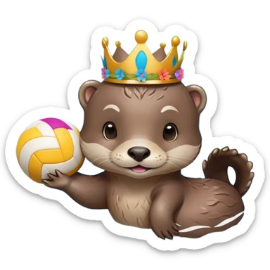 super cute baby otter with a colorful flower band/crown around its head, gentle expression and soft rounded eyebrows, floating on VERY CLEARLY VISIBLE blue water with prominent waves and ripples, baby otter with big sweet eyes holding a volleyball with both small paws above the water sticker