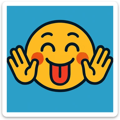 happy face with tongue out, hands sideways on both sides of the face sticker