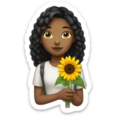 black hair girl holding a sunflower sticker