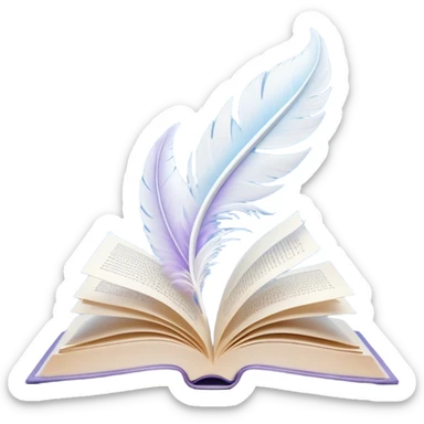 Create a delicate and poetic emoji representing poetry. The design should feature several elegantly flying pages with short poetic columns written on them. The pages should appear light and flowing, almost as if being carried by the wind. Include a white feather gently resting on the pages, symbolizing creativity and inspiration. Use soft, pastel tones like light blues, purples, and creams to give it a dreamy, artistic feel. The design should feel ethereal and whimsical, capturing the essence of poetry. Make the background transparent. sticker