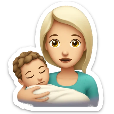 European sad mother with newborn sticker