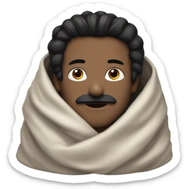 white man, black hair and black mustache, wrapped in a blanket sticker