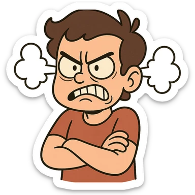 a person with an annoyed, frustrated expression, cartoon style, exaggerated facial features, steam coming out of ears sticker