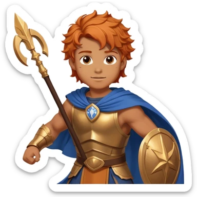 A muscular young hero with wavy orange hair and a determined smile. He wears a Greek-style brown tunic with a blue cape, bronze armor, and a headband. His stance is confident and heroic, exuding strength and courage sticker