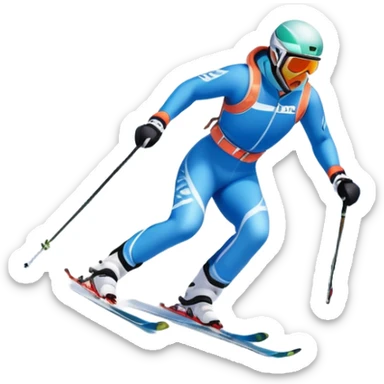An icon featuring a skier racing down a snow-covered slope, surrounded by snowy peaks, pine trees, and a picturesque mountain landscape. The sky is blue with soft clouds, capturing the thrill and beauty of alpine skiing. Transparent background highlights the excitement and serenity of winter sports. sticker