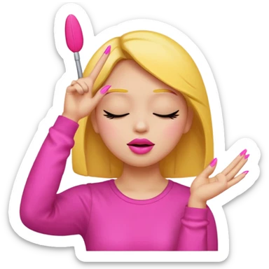 Yellow circle emoji sighing and drumming fingers up the side of their head the eye is closed it is a side profile pink lipstick and pink nails sticker