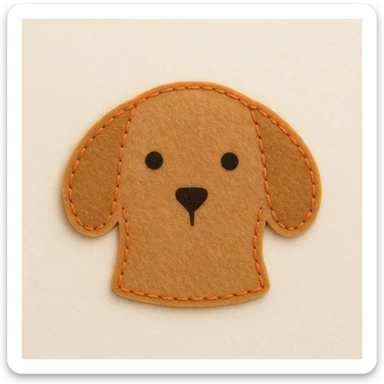 Minimal felt patch of a dog with soft matte felt, muted orange stitched edge, low detail, small round eyes, simple triangle nose, no mouth, warm color palette, flat perspective, off-white background sticker
