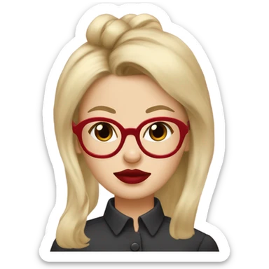 White girl, blonde hair, eyes closed, red lipstick,  wearing glasses kisses Yorkshire terrier  sticker