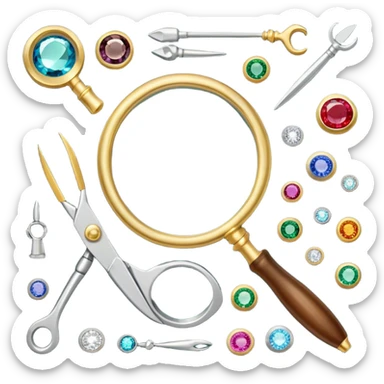 Create an icon that represents the art of jewelry making. The design should include a jeweler's workbench, tools like pliers, a magnifying glass, and various precious materials such as gemstones, gold, and silver. Feature a partially crafted piece of jewelry, like a ring or necklace, showcasing intricate details and craftsmanship. The composition should evoke elegance and precision, reflecting the skill and artistry of jewelry making. The background should be transparent. sticker