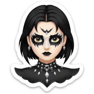 Crea una ragazza con stile black metal,  paint face black metal, capelli neri, mossi dalle spalle e occhi bianchi e un collare con borchie a punta sticker
