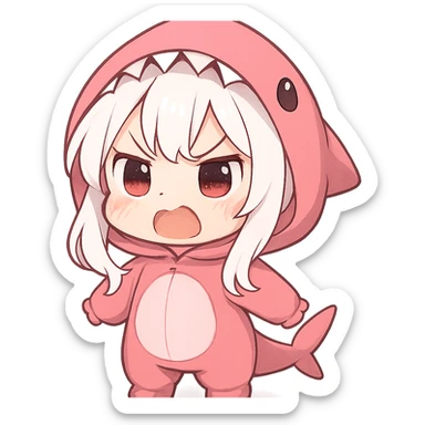 chibi girl with white hair, pink shark onesie, making an angry but cute face, adorable expression sticker